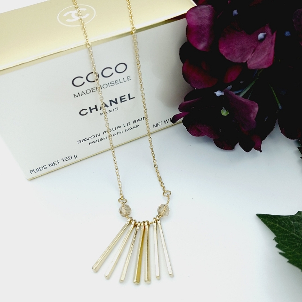 Gold Tone Chain Necklace Dangle Bar & Bead Pendant 16 Inch 4 Inch Extender